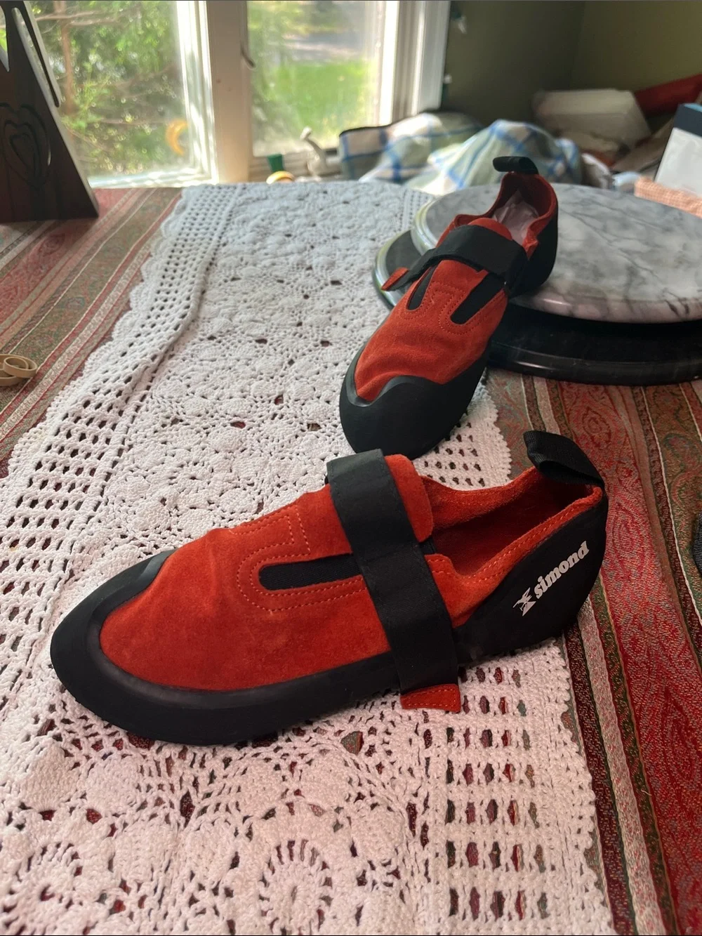 Simond womens Orange-Red Suede Climbing Shoes with Velcro Strap